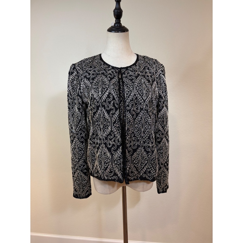Vtg‎ Stenay Silk Beaded Embroidered Cardigan Shell Sweater Set Black Silver Chic